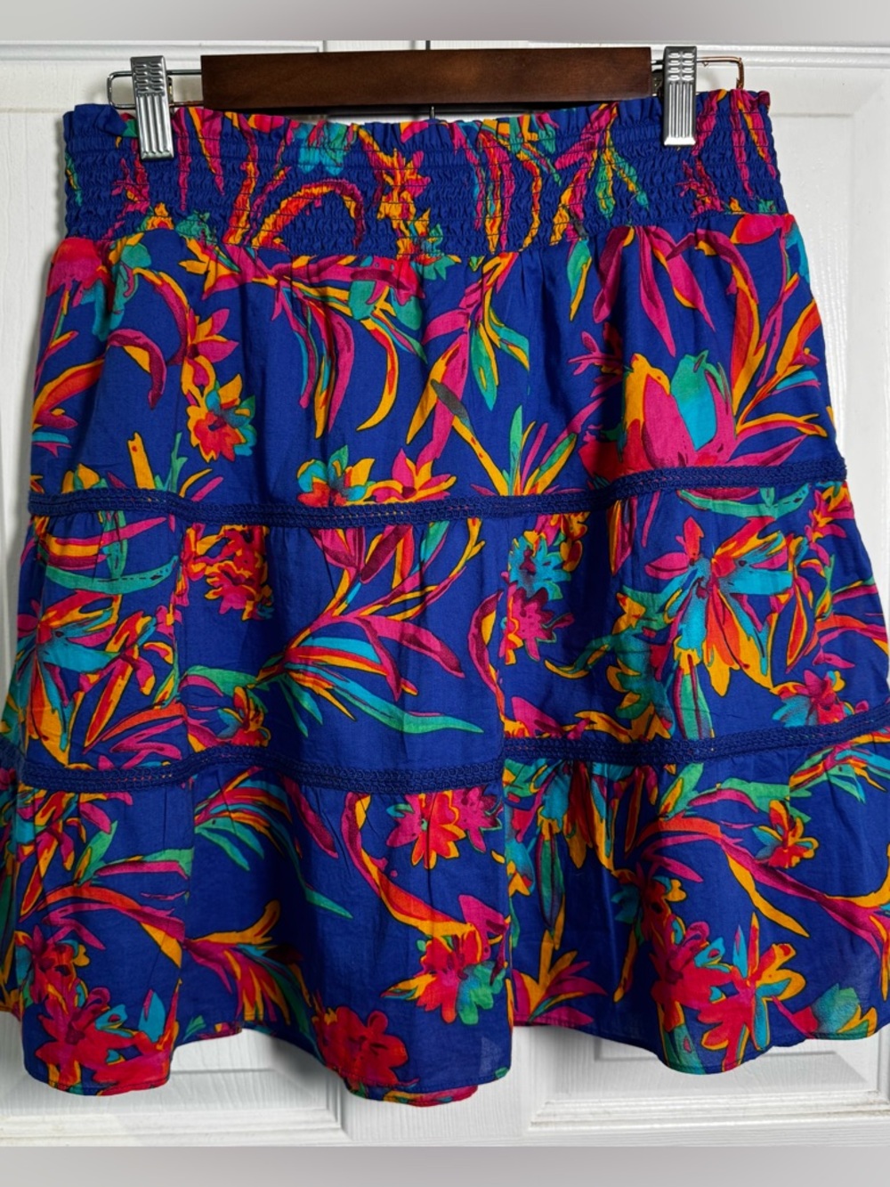 J.Crew Tiered Floral Mini Skirt Blue Pink Cotton Smocked Waist Size Medium